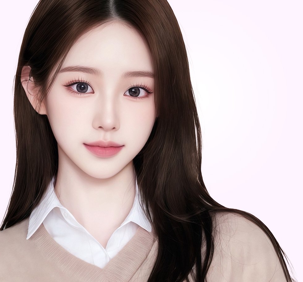 긴 갈색 머리에 흰 깃·베이지 니트를 입은 여성 모델