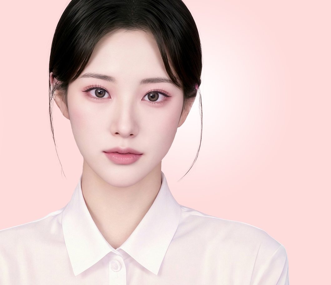 머리를 묶고 연분홍 셔츠를 입은 여성 모델(정면)