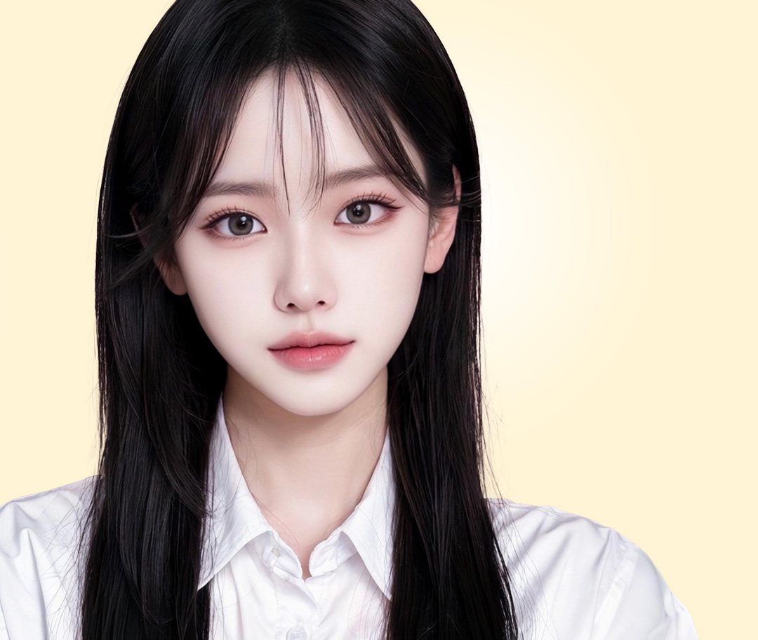 앞머리 긴 생머리에 흰 셔츠를 입은 여성 모델(정면)